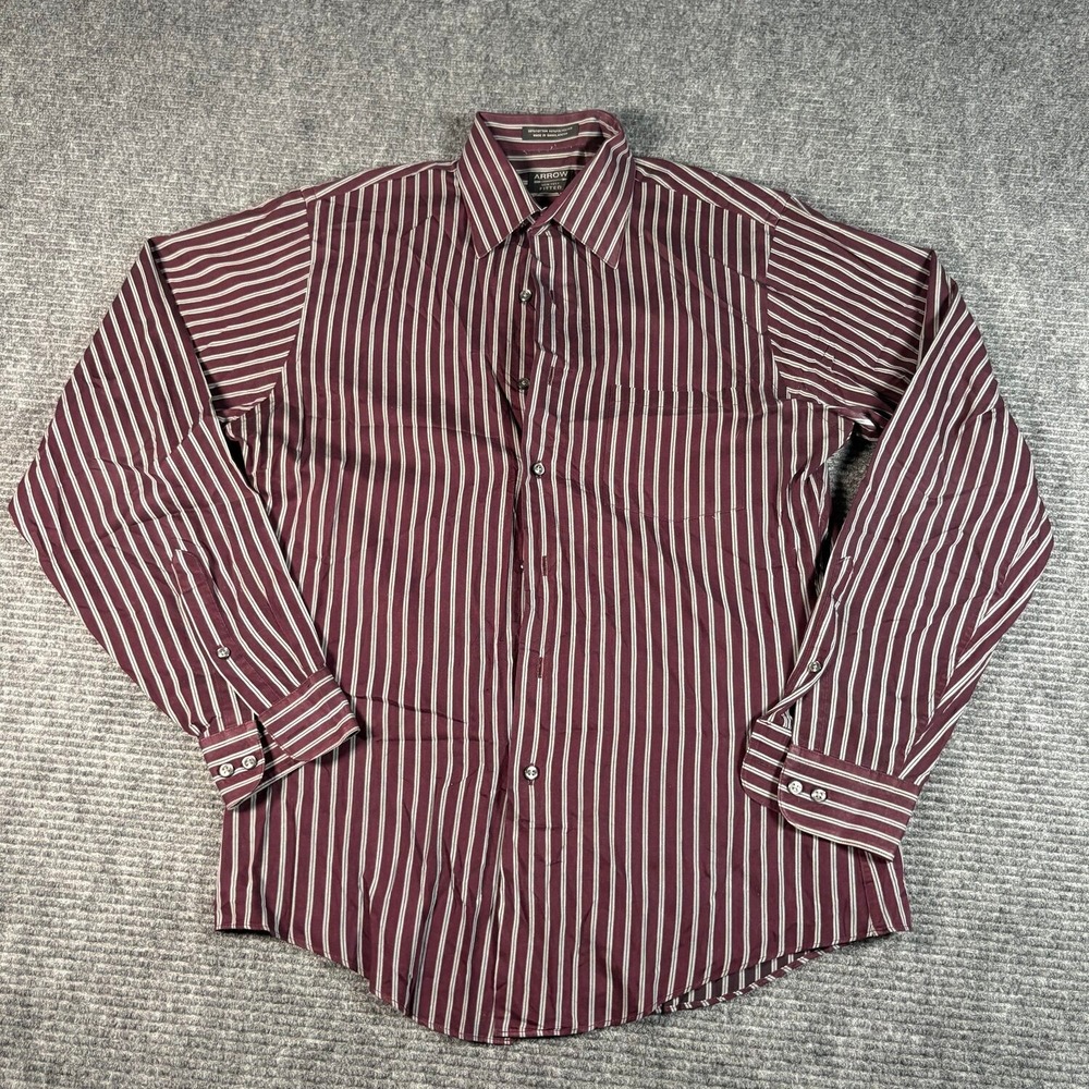 Arrow Button Down Shirt Mens M Burgundy Striped Excellent Fitted Wrinkle Free